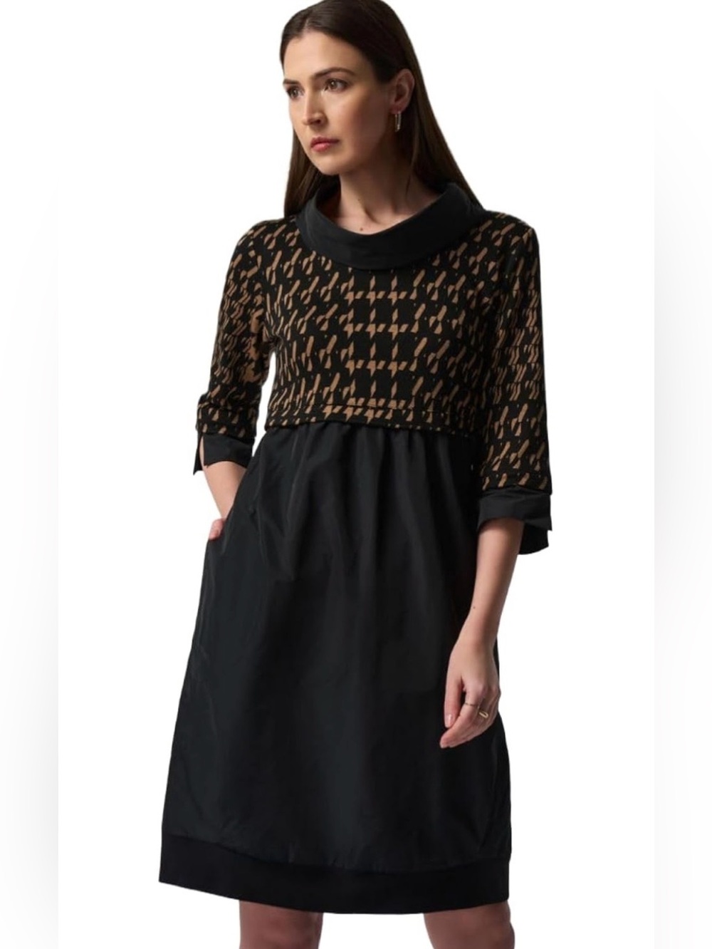Joseph Ribkoff Black & Tan Houndstooth Print A-line Dress Size 10